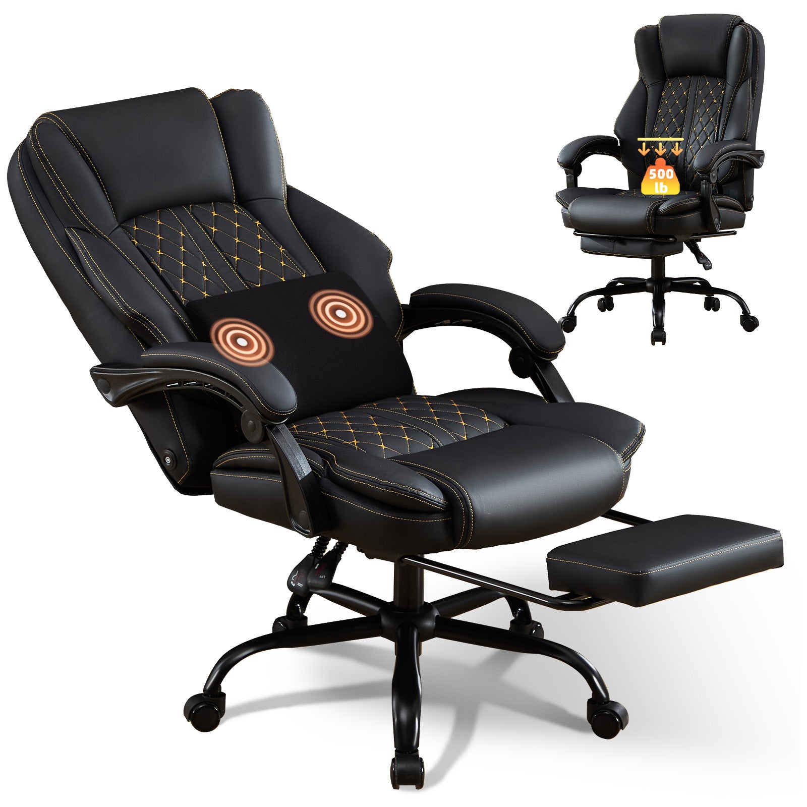 NYOAK Massage Office Chair with Foot Rest, Ergonomic Reclining Desk Chair with Dual Lumbar Kneading Massage, 500lbs Big and Tall Office Chair, Pet-Resistant Leather for Home Office