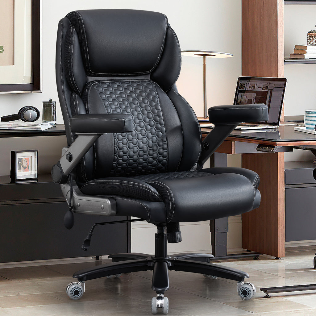 NYOAK 700lbs Big and Tall Office Chair with 5D Flip Armrests, Heavy Duty Executive Desk Chair with Adjustable Lumbar Support, Rubber Caster Wheels, Wide Ergonomic Seat for All-Day Comfort