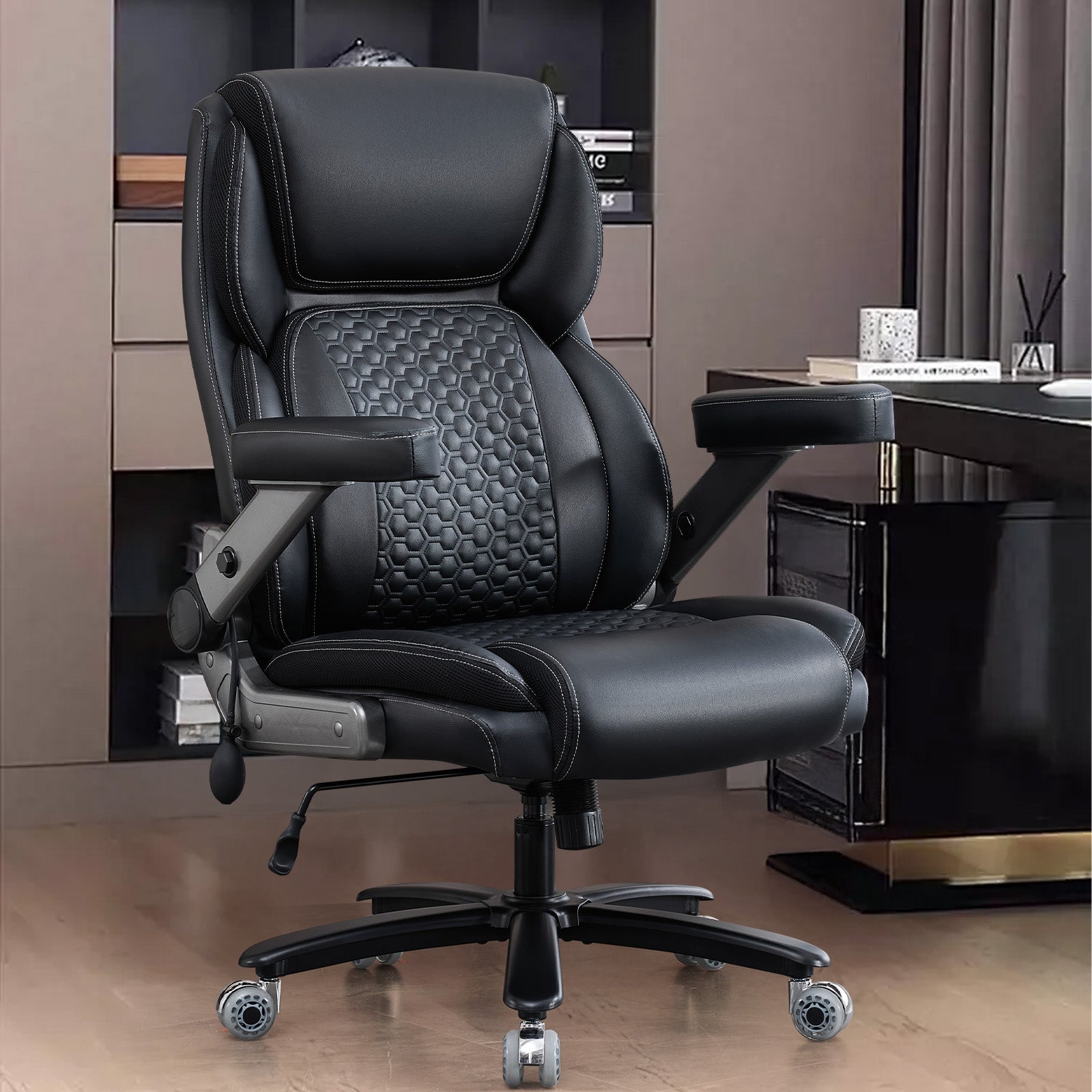 NYOAK 700lbs Big and Tall Office Chair with 5D Flip Armrests, Heavy Duty Executive Desk Chair with Adjustable Lumbar Support, Rubber Caster Wheels, Wide Ergonomic Seat for All-Day Comfort