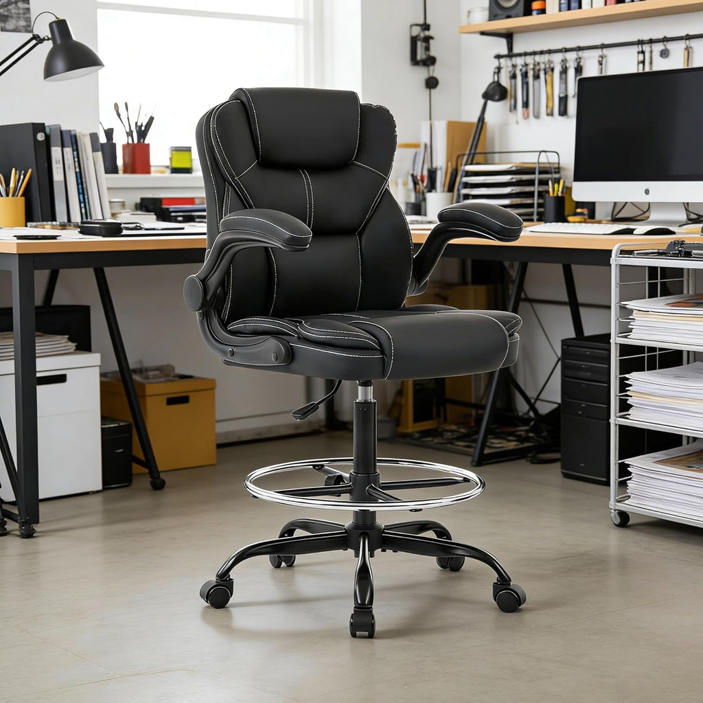 NYOAK 500lbs Office Chair with Wide Seat, Ergonomic Leather Executive Desk Chair with Lumbar Support, Flip-Up Padded Armrests, High Back Swivel Computer Gaming Chair, Black