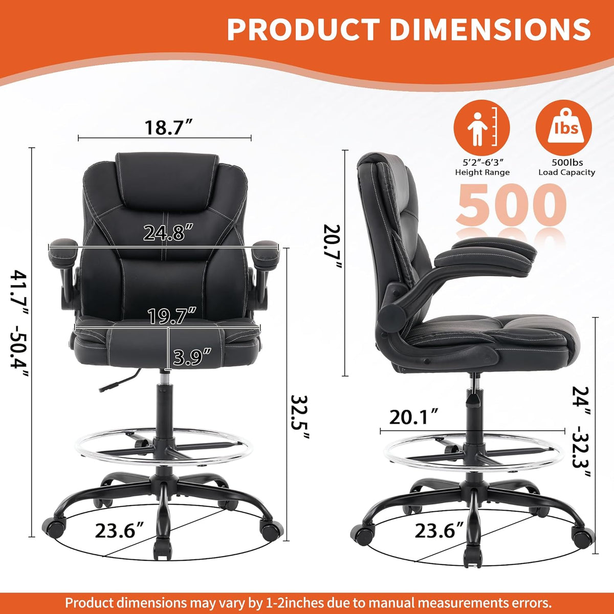 NYOAK 500lbs Office Chair with Wide Seat, Ergonomic Leather Executive Desk Chair with Lumbar Support, Flip-Up Padded Armrests, High Back Swivel Computer Gaming Chair, Black