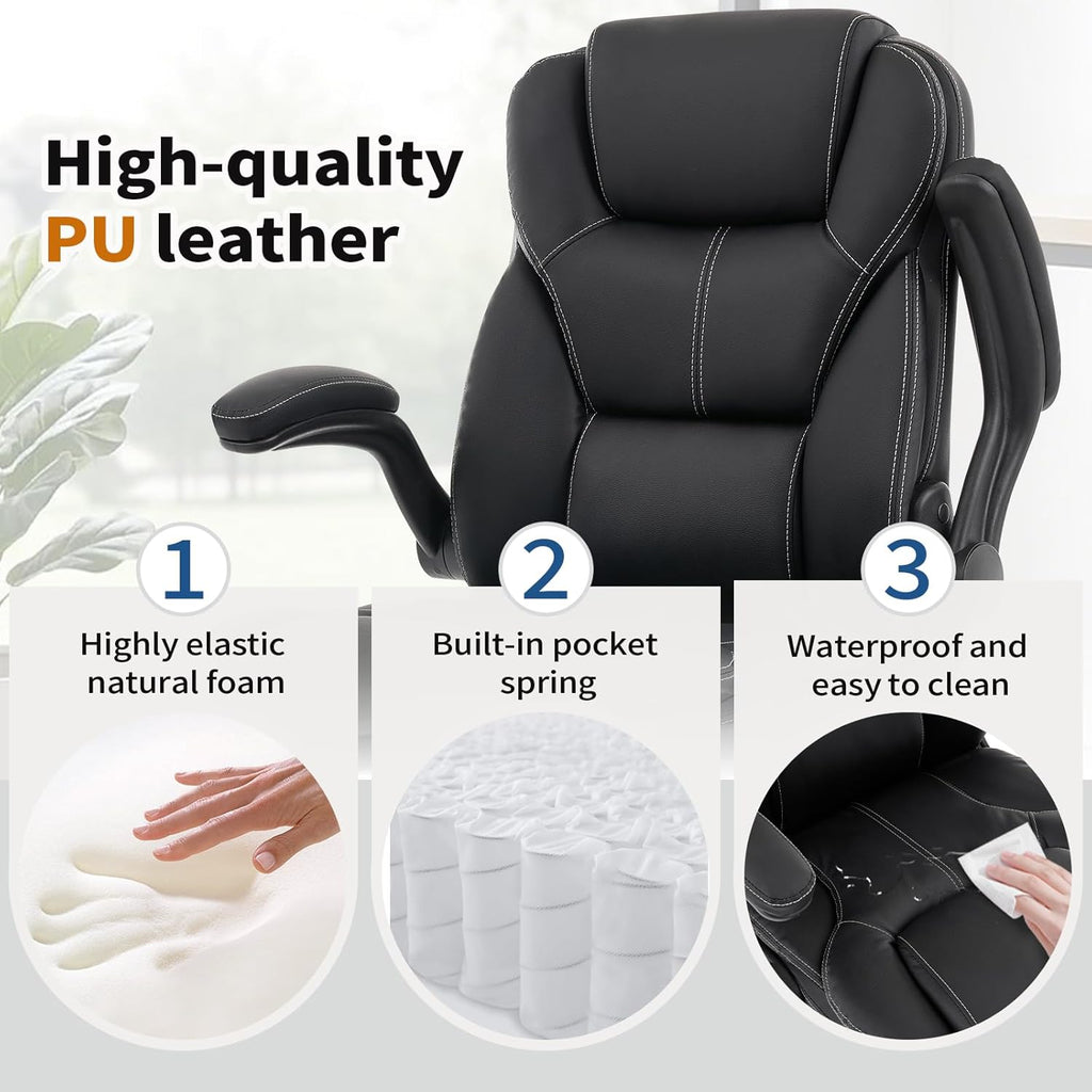 NYOAK 500lbs Office Chair with Wide Seat, Ergonomic Leather Executive Desk Chair with Lumbar Support, Flip-Up Padded Armrests, High Back Swivel Computer Gaming Chair, Black