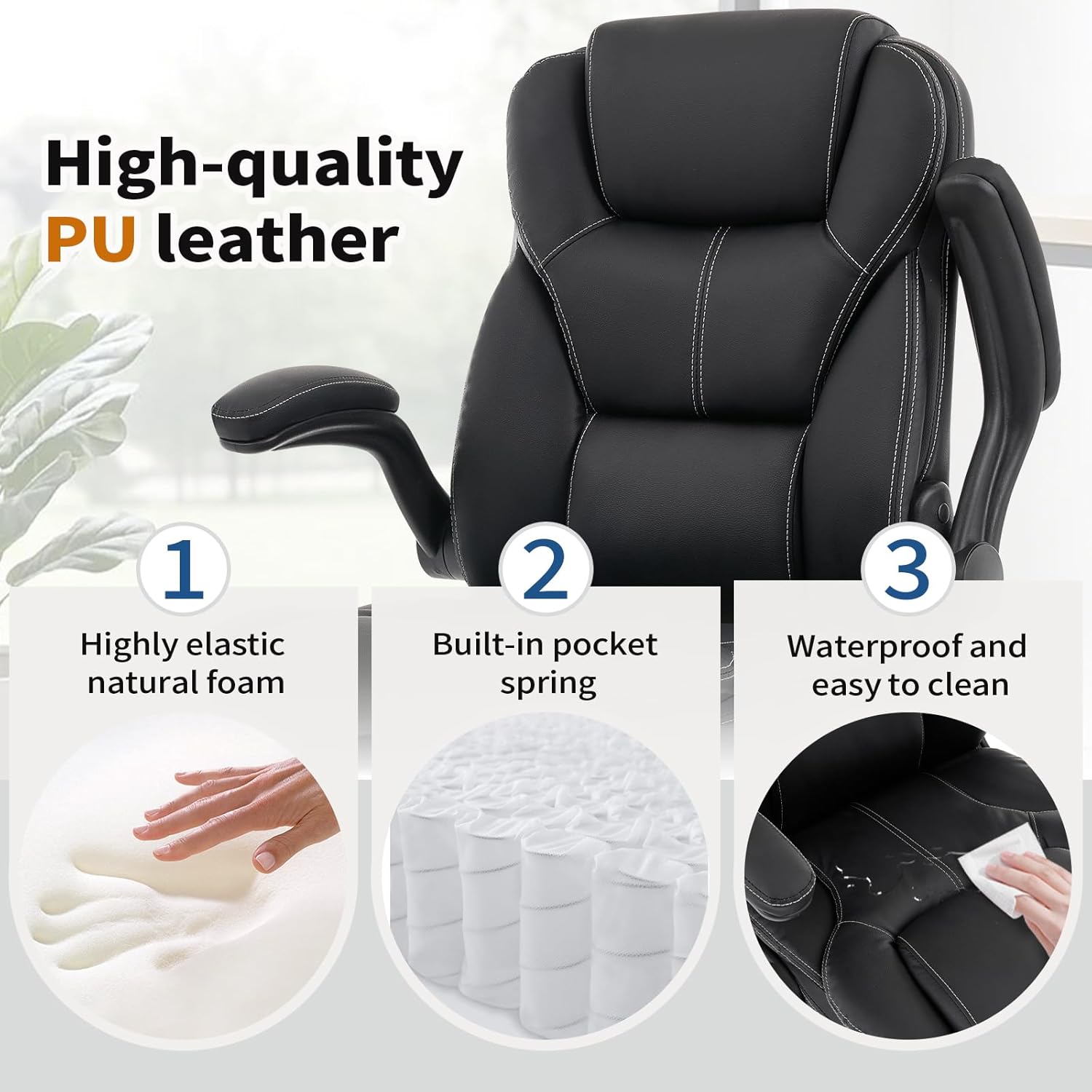 NYOAK 500lbs Office Chair with Wide Seat, Ergonomic Leather Executive Desk Chair with Lumbar Support, Flip-Up Padded Armrests, High Back Swivel Computer Gaming Chair, Black