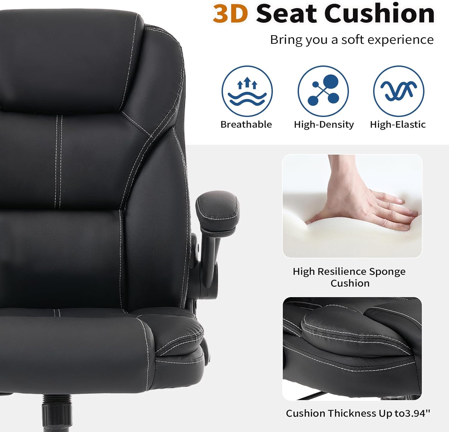 NYOAK 500lbs Office Chair with Wide Seat, Ergonomic Leather Executive Desk Chair with Lumbar Support, Flip-Up Padded Armrests, High Back Swivel Computer Gaming Chair, Black