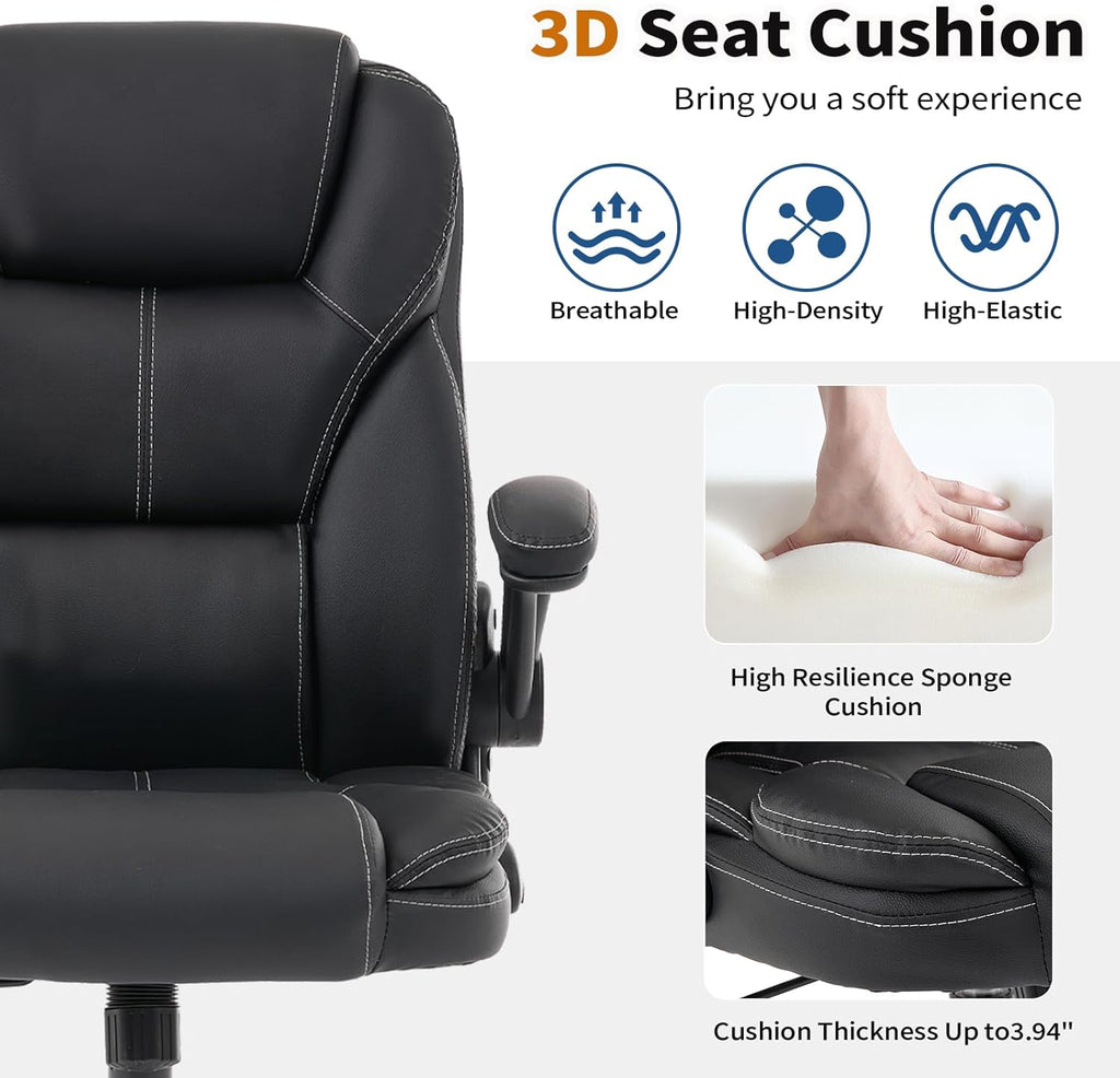 NYOAK 500lbs Office Chair with Wide Seat, Ergonomic Leather Executive Desk Chair with Lumbar Support, Flip-Up Padded Armrests, High Back Swivel Computer Gaming Chair, Black