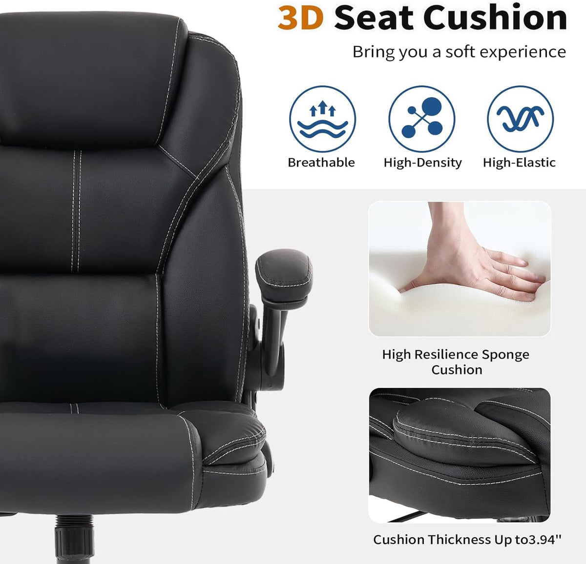 NYOAK 500lbs Office Chair with Wide Seat, Ergonomic Leather Executive Desk Chair with Lumbar Support, Flip-Up Padded Armrests, High Back Swivel Computer Gaming Chair, Black