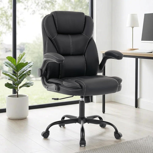 NYOAK 500lbs Office Chair with Wide Seat, Ergonomic Leather Executive Desk Chair with Lumbar Support, Flip-Up Padded Armrests, High Back Swivel Computer Gaming Chair, Black