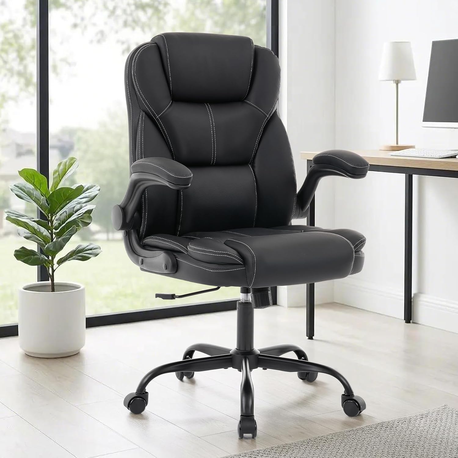 NYOAK 500lbs Office Chair with Wide Seat, Ergonomic Leather Executive Desk Chair with Lumbar Support, Flip-Up Padded Armrests, High Back Swivel Computer Gaming Chair, Black