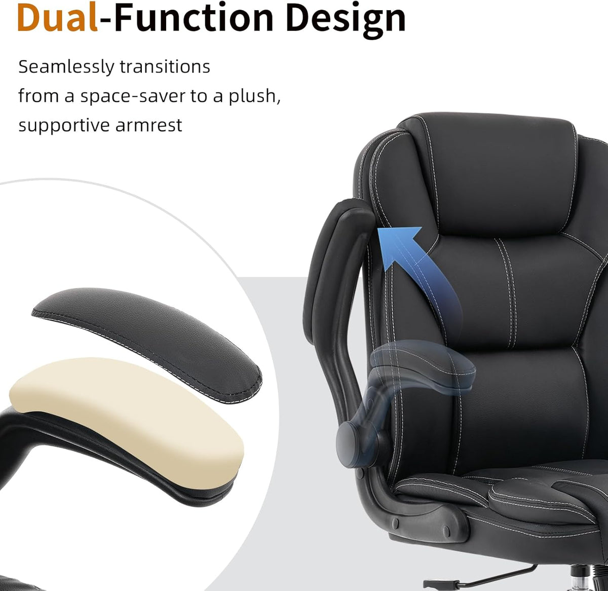 NYOAK 500lbs Office Chair with Wide Seat, Ergonomic Leather Executive Desk Chair with Lumbar Support, Flip-Up Padded Armrests, High Back Swivel Computer Gaming Chair, Black