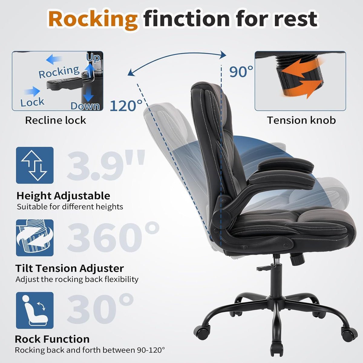 NYOAK 500lbs Office Chair with Wide Seat, Ergonomic Leather Executive Desk Chair with Lumbar Support, Flip-Up Padded Armrests, High Back Swivel Computer Gaming Chair, Black