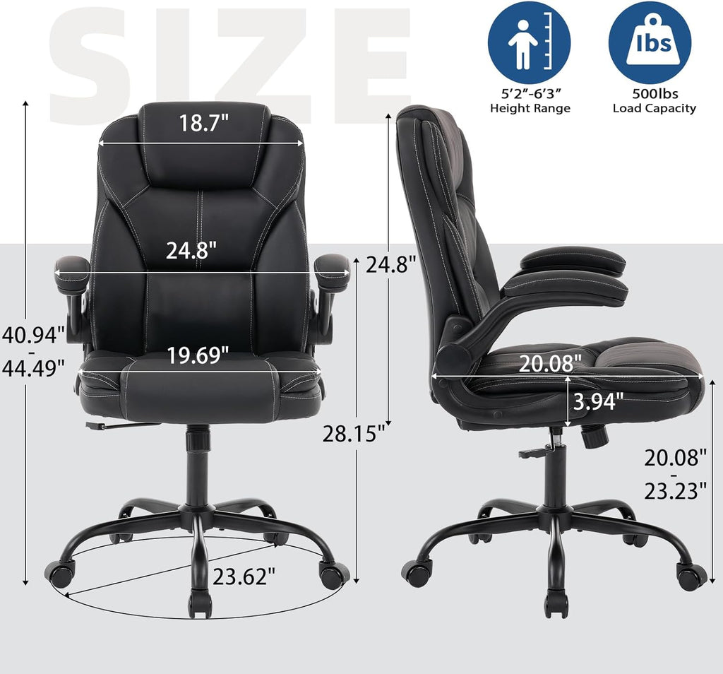 NYOAK 500lbs Office Chair with Wide Seat, Ergonomic Leather Executive Desk Chair with Lumbar Support, Flip-Up Padded Armrests, High Back Swivel Computer Gaming Chair, Black