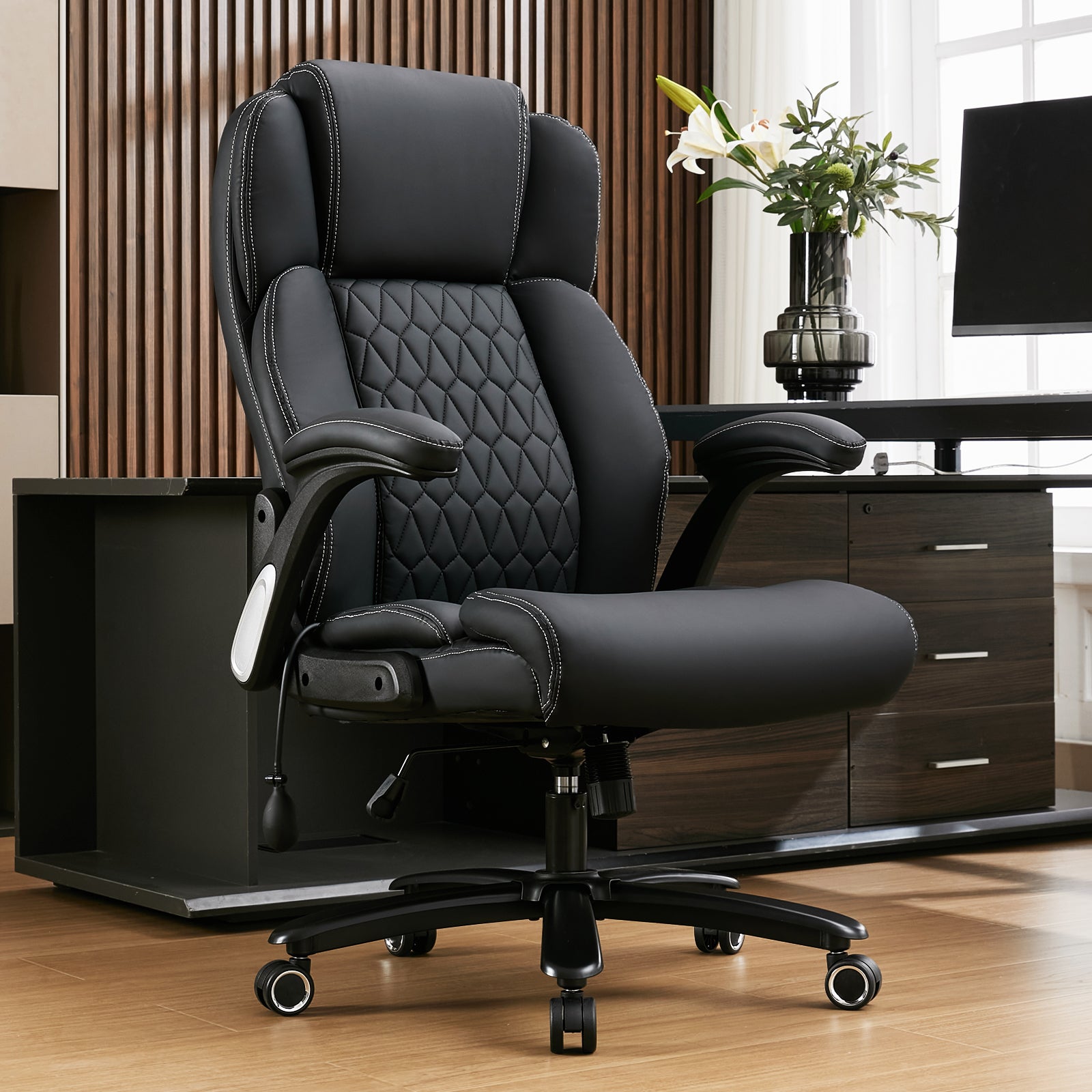 NYOAK 700lbs Big and Tall Office Chair, Heavy Duty Ergonomic Chair, Extra Wide Seat, Quiet Rubber Wheels, High Back with Lumbar Support, Flip-Up Arms