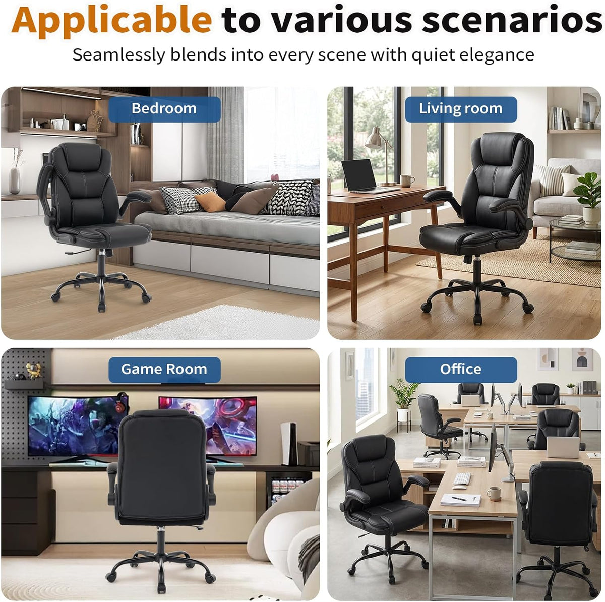 NYOAK 500lbs Office Chair with Wide Seat, Ergonomic Leather Executive Desk Chair with Lumbar Support, Flip-Up Padded Armrests, High Back Swivel Computer Gaming Chair, Black